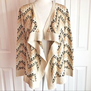 Angie Boho Print Metallic Wool Blend Open Front Cardigan Small